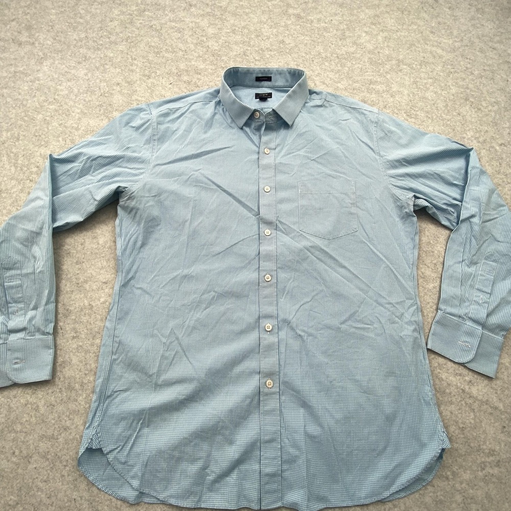 J Crew Thompson Shirt Mens XL 17.5 Blue Gingham Wrinkle Free Long Sleeve Dress